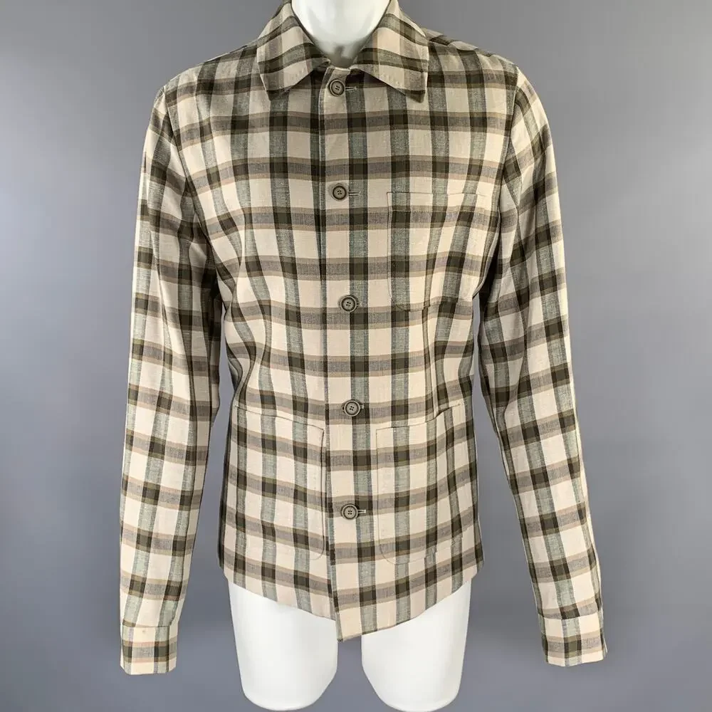 KLEIN EPSTEIN & PARKER Chest Size M Tan Olive Plaid Wool Blend See Through Coat